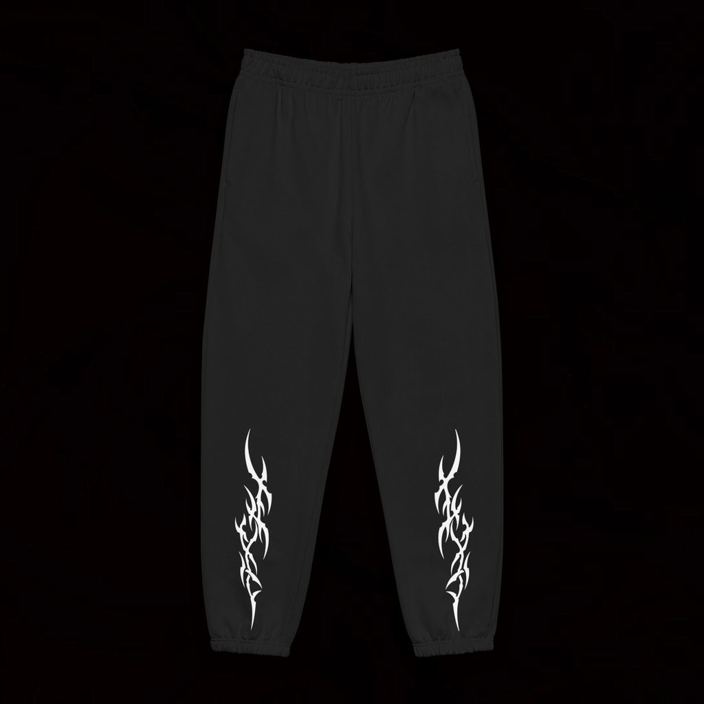 Tribal Flame Sweatpants — Black Joggers with White Tribal Leg Design